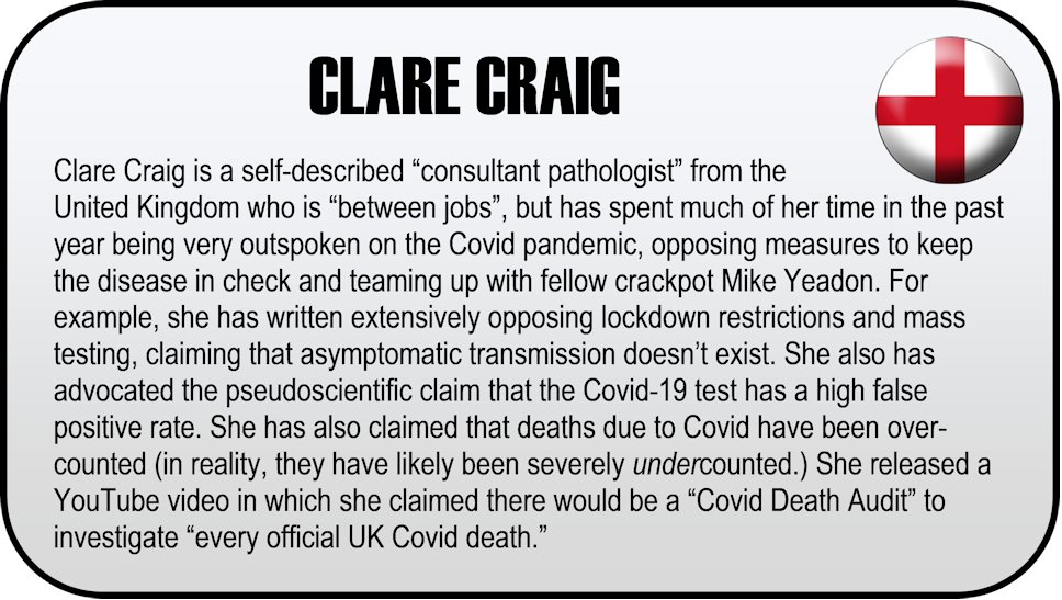 Clare Craig is a self-described "consultant pathologist from the United Kingdom who is "between jobs".